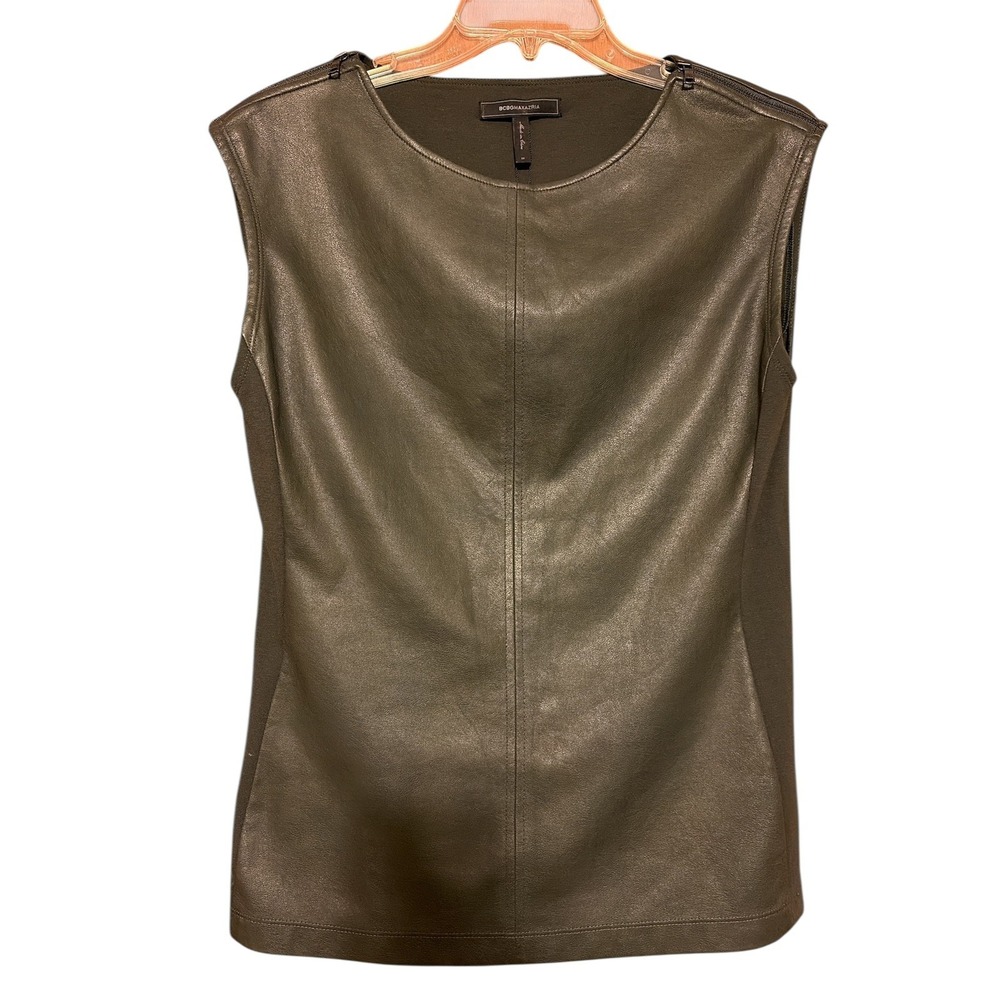 BCBGMAXAZRIA Vera olive green Faux Leather Panel Sleeveless Top M